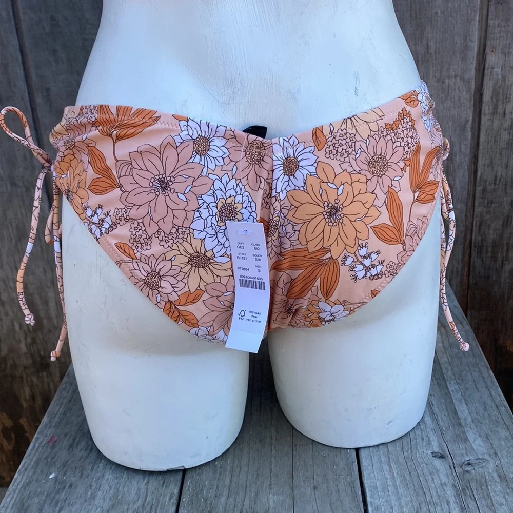 J Crew Orange Floral Side Tie Ruching Hipster Bikini Bottoms Size S NWT